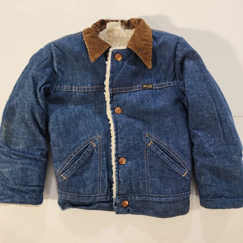 Vtg 1970s Wrangler Youth Western Sherpa Lined Denim Wranger Jacket Kids Med 5-6
